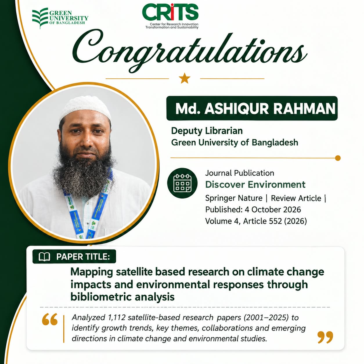 CRITS Celebrates the Achievement of a Research Article Publication by Md. Ashiqur Rahman