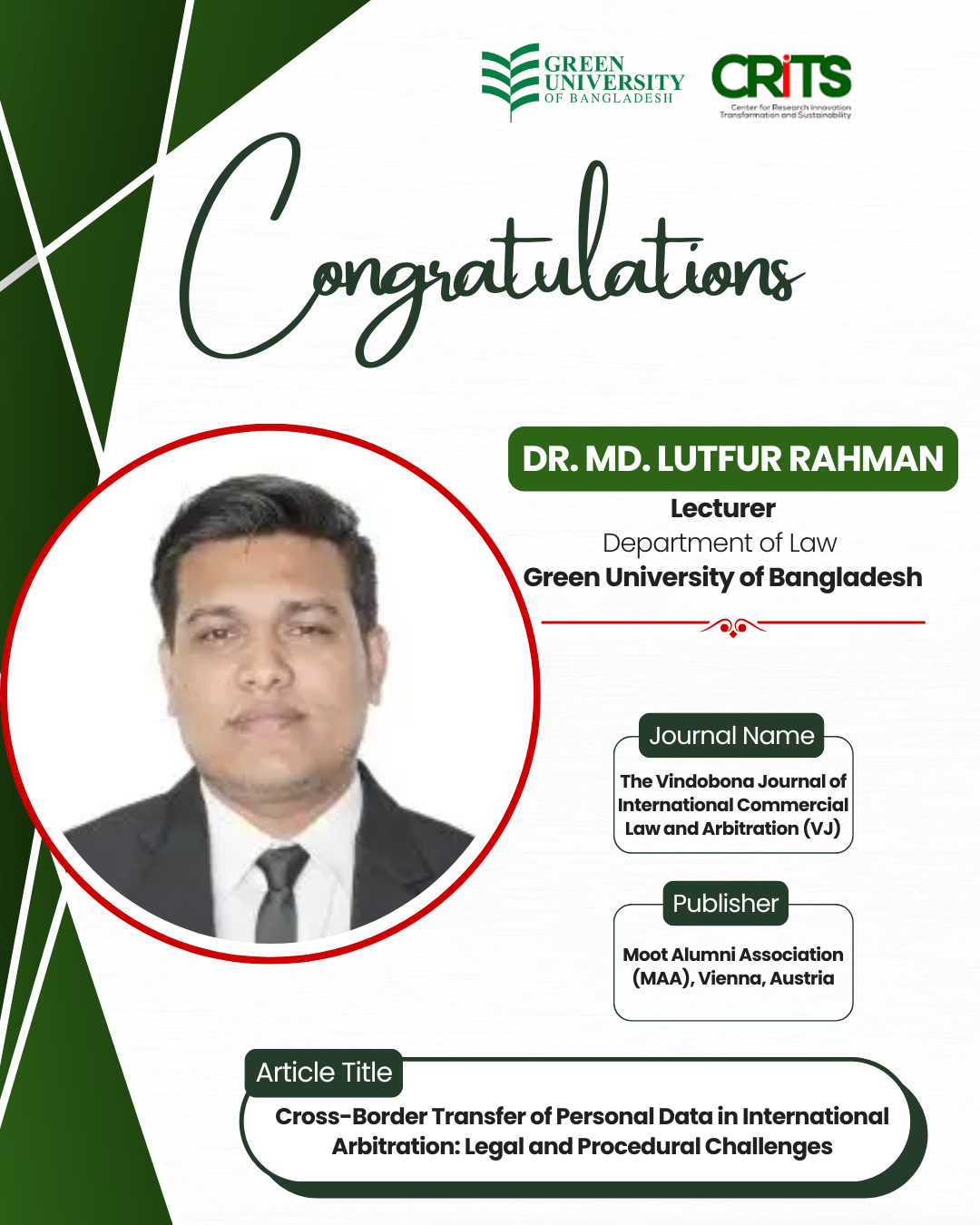 Dr. Md. Lutfur Rahman Publishes Research Article in The Vindobona Journal of International Commercial Law and Arbitration